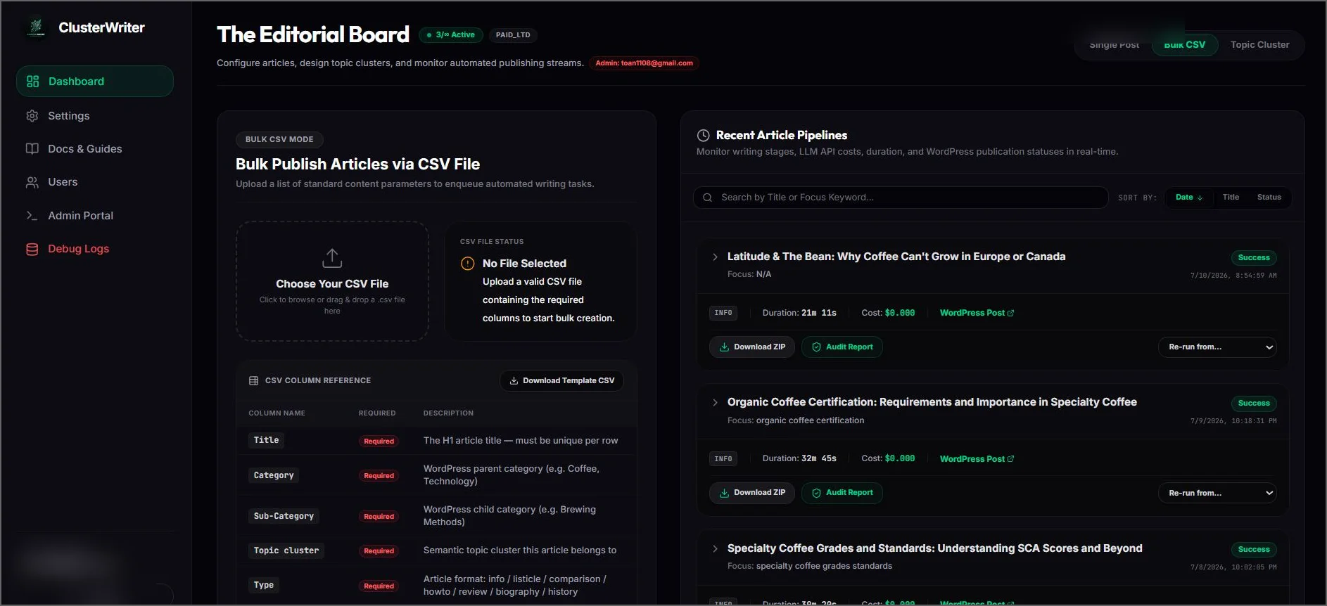 Bulk CSV Upload Panel