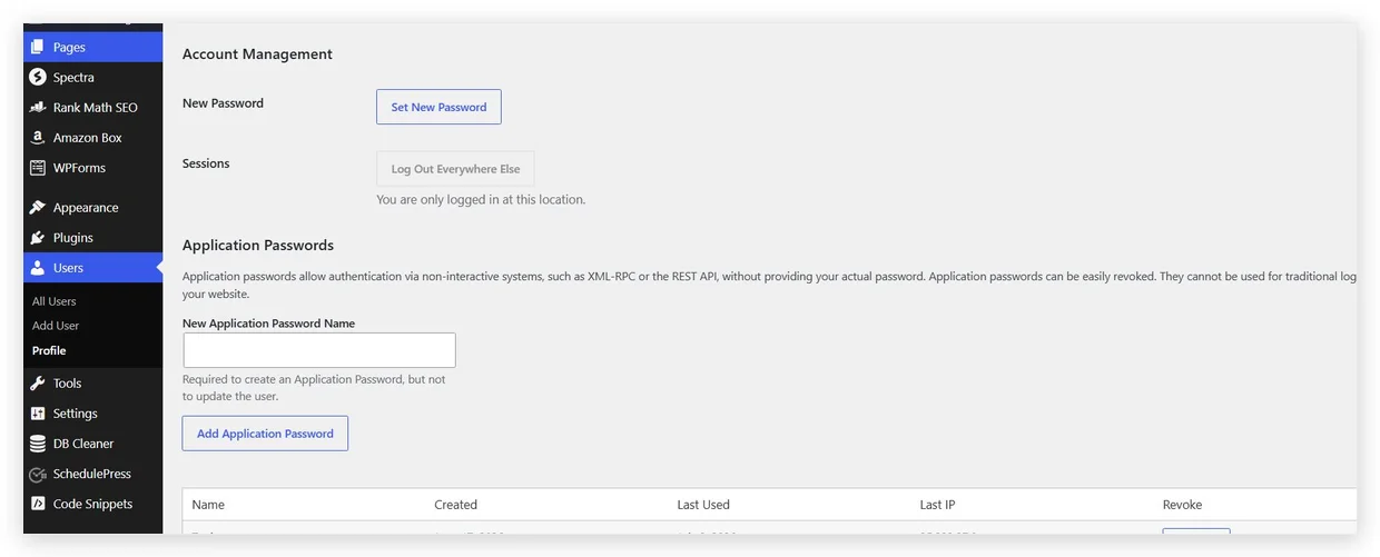 WordPress Application Passwords Section