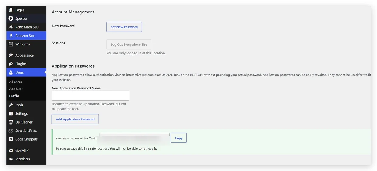 Generated Application Password string